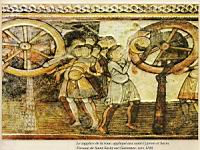 Supplice de la roue, applique aux saints Cyprien et Savin. Fresque de Saint-Savin-sur-Gartempe, vers 1100.jpg